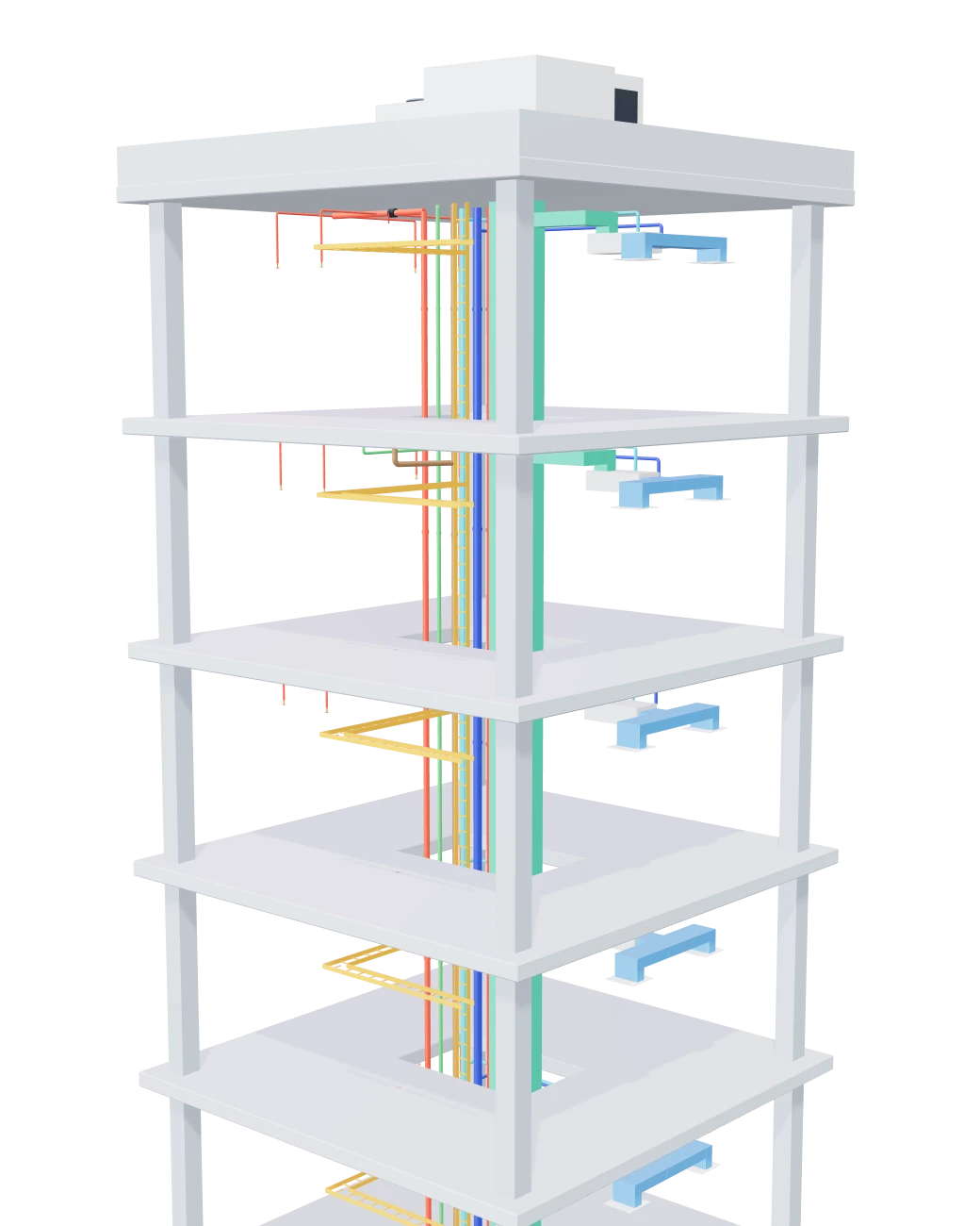 A 3D model of a building core and its MEP risers, with plant on the roof