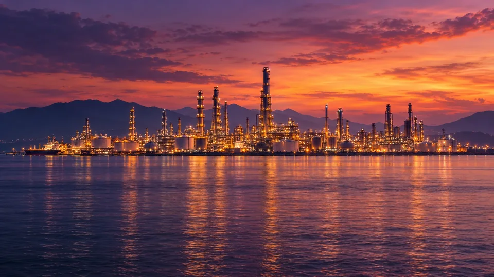 Illustration: a petrochemical plant on the coast at dusk, its lights reflected in the sea