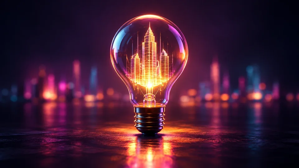 Illustration: a glowing lightbulb with a skyscraper made of light inside it