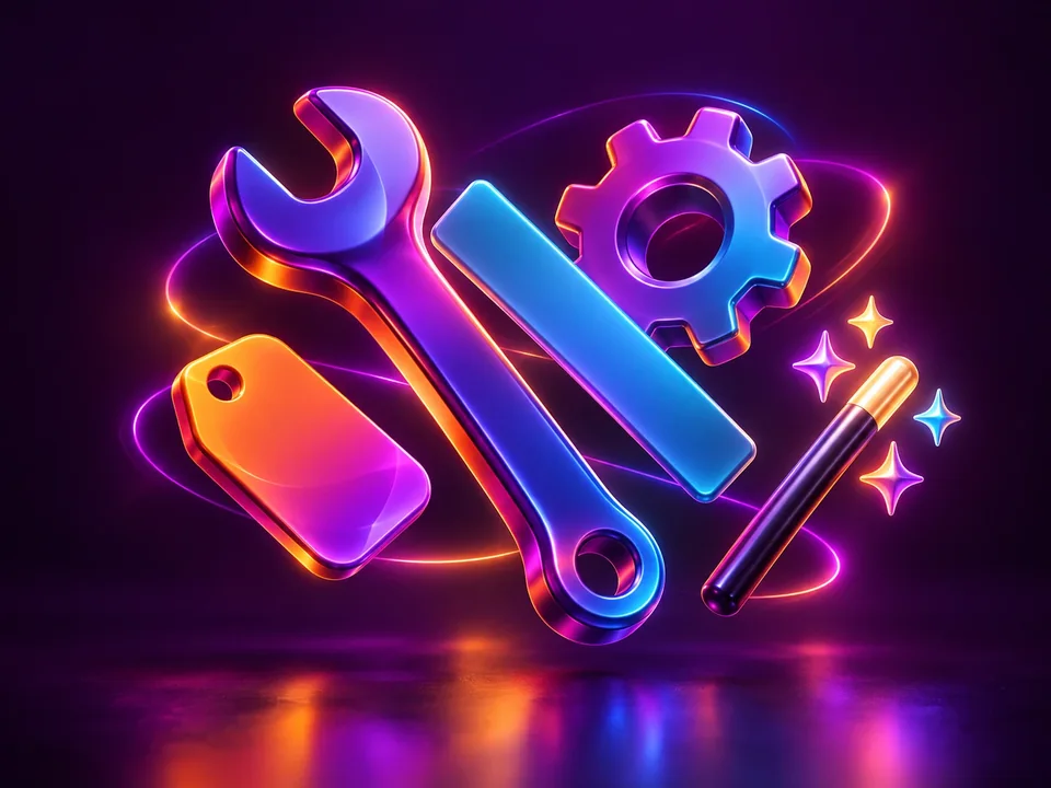 Illustration: glossy 3D icons of a wrench, a ruler, a gear, a tag and a magic wand