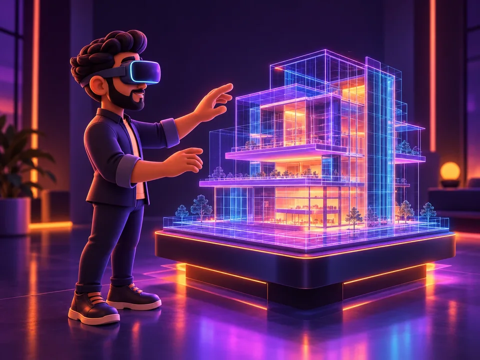 Illustration: a man in a VR headset reaching toward a holographic building